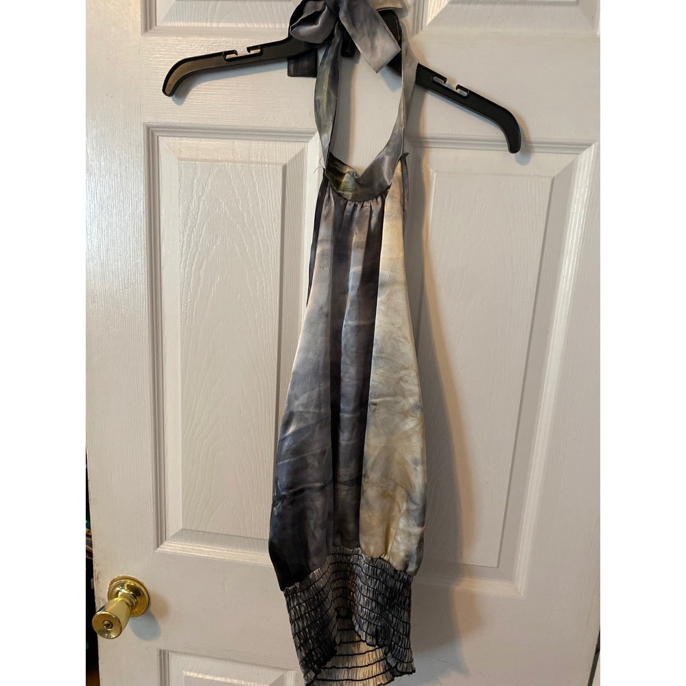 Wet Seal Vintage Y2K Halter Top Grey Abstract Satin Smocked Backless Blouse S
